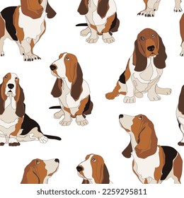 Seamless pattern with Basset Hound dogs. Vector illustration.