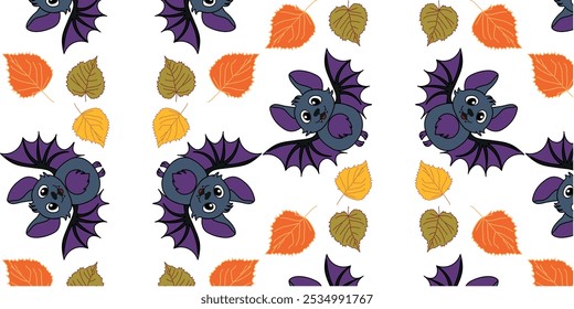 Seamless pattern of bat and autumn fallen leaves on a white background. Print for textiles, clothing, wallpaper, covers, vinyl wallpaper and other creative projects. Vector illustration.