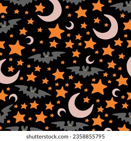 Seamless pattern with bat, moon and star. Halloween background.