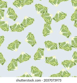 Nahtloses Muster Batavia Salat auf blauem Hintergrund. Modernes Ornament mit Salat. Zufallspflanzenvorlage für Gewebe. Design, Vektorgrafik.