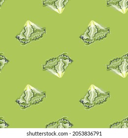 Seamless pattern Batavia salad on pastel green background. Simple ornament with lettuce. Geometric plant template for fabric. Design vector illustration.