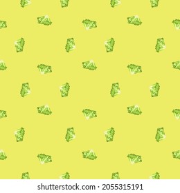 Seamless pattern Batavia salad on yellow background. Minimalistic ornament with lettuce. Geometric plant template for fabric. Design vector illustration.