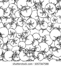 Seamless Pattern with Batch of Whole Tomato and Cherry Tomatoes. Fresh Ripe Vegetables Background. Vegan Cuisine. Hand Drawn Vector Illustration. Savoyar Doodle Style.