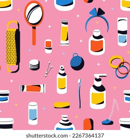 Seamless pattern with bath accessories and care products. Toiletry collection. Personal hygiene items. Pink, yellow and orange colors. Vector illustration