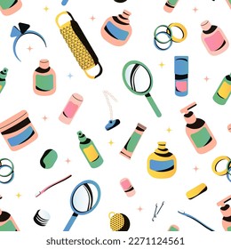 Seamless pattern with bath accessories and care products. Toiletry collection. Personal hygiene items. Modern vector illustration