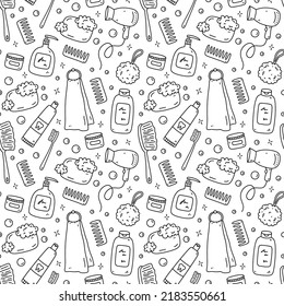 Seamless pattern with bath accessories - hair dryer, scrubbing brush, loofah, soap, cream, towel, toothbrush.Vector hand-drawn illustration in doodle style.Perfect for print, wrapping paper, wallpaper
