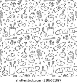 Seamless pattern with bath accessories - shampoo, rubber duck, loofah, soap, cream, hair dryer, toothbrush. Vector hand-drawn illustration in doodle style. Perfect for print, wrapping paper, wallpaper