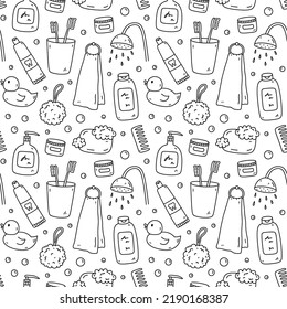 Seamless pattern with bath accessories - shampoo, rubber duck, loofah, soap, cream, towel, toothpaste, toothbrush. Vector hand-drawn illustration in doodle style. Perfect for print, wrapping paper