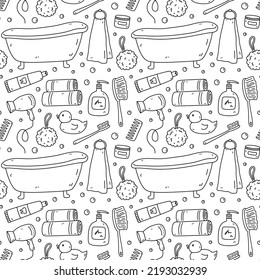 Seamless pattern with bath accessories - shampoo, shower puff, towels, toothpaste, toothbrush, hair dryer,  bathtub. Vector hand-drawn illustration in doodle style. Perfect for print, wrapping paper.
