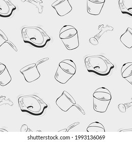 Seamless Pattern bath accessories, Toiletries, buckets, toilets, scoops, and More Black Contours Isolated on White Background