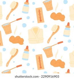 Seamless pattern with bath elements. Bath print in flat style. Vector illustration. Pattern with steam, bathrobe, brush, stones.