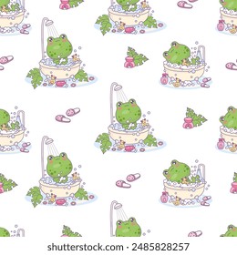 Seamless pattern with bathing cute frogs. Funny cartoon animal character bathes in bubble bath with rubber ducks and on white background. Vector illustration. Kids kawaii collection.