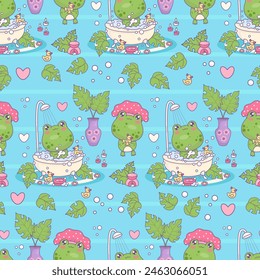 Seamless pattern with bathing funny frogs. Cute kawaii animal character with rubber duck and taking bubble bath on blue background with aroma lamp and vase with tropical leaves. Vector illustration