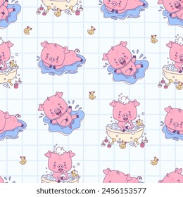 Seamless pattern with bathing pigs. Smiling piggy splashes in water and takes bath with foam on light checkered background. Cute funny kawaii animal character. Vector illustration. Kids collection