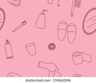 Seamless pattern of the bathroom accessories. You can change the background color. Doodle style, vector format.