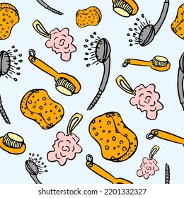 Seamless pattern with bathroom icons, hygiene and shower, body care. Hand drawn vector doodles illustration.