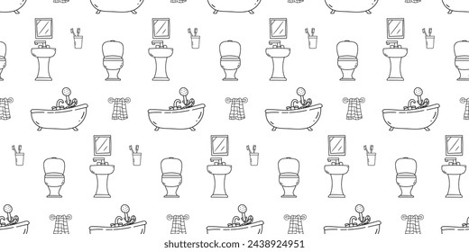 Seamless pattern with bathroom interior elements hand drawn doodle outline vector