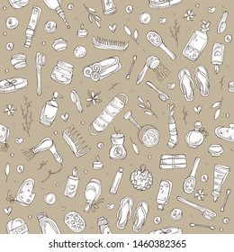 Seamless pattern with bathroom signs and icons. Hand drawn vector doodles illustration.