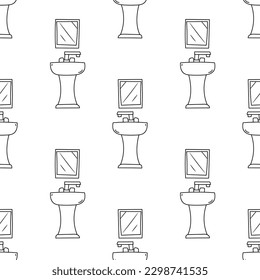 Patrón sin inconvenientes con lavabo de baño con un vector de contorno de doodle dibujado a mano espejo