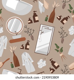 Seamless pattern bathroom, toilet furniture. Restroom with white bath and washbasin, washer, or laundry baskets. Shelves with toiletries, soft towels. Modern room interior, vector set in flat style