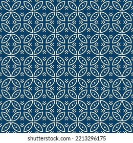 Ornamento batik de patrón sin brillo sobre fondo de color azul