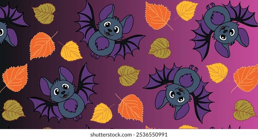 Seamless pattern of bats and autumn leaves in the style of the Halloween holiday. Gradient background. Smooth transition from color to color. Vector illustration for textiles, banner, business card, g