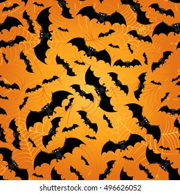 Seamless pattern with bats. Black bats on orange background. Background for Halloween. Vector illustration