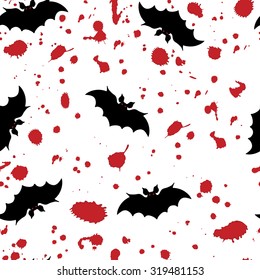 Seamless pattern with bats and blood splatters. Halloween background.