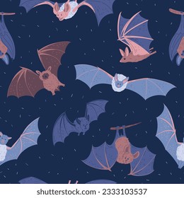 Seamless pattern with bats in different poses flat style, vector illustration on blue background. Decorative design for wrapping and packaging, flying night animal, hanging on branch