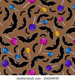 A seamless pattern of bats flying through the air and candy on transparent background