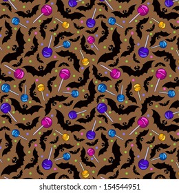 A seamless pattern of bats flying through the air and candy on transparent background
