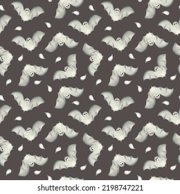 Seamless pattern of bats for Halloween on a dark background, watercolor. Decoration for the autumn holiday. Mystical, fabulous, fun style. Bright background for packaging, textiles