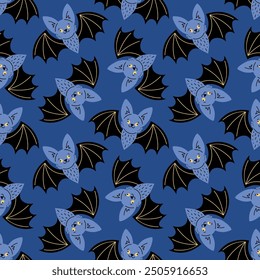Seamless pattern with bats on blue background.