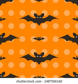 Seamless pattern with bats on an orange background with circles.