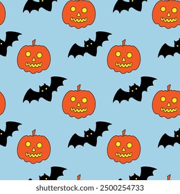 Seamless pattern with bats and pumpkins. Halloween. Vector illustration