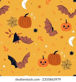 Seamless pattern with bats and pumpkins. Vector graphics.