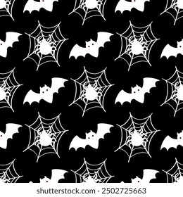 Seamless pattern in bats, spiders and cobwebs. Halloween. Vector illustration