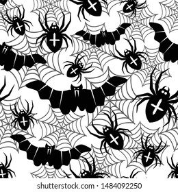 Seamless pattern with bats and spiders. Halloween vector illustration. Black and white.