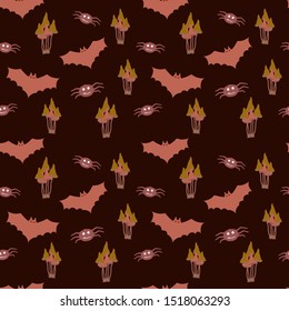 
Seamless pattern: bats and toadstools for Halloween on a dark background. Illustration. Flat Vector.