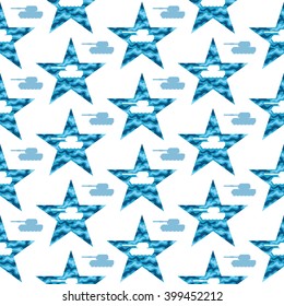 Seamless pattern with a battle tank silhouette inside the star. Modern military vector background. Blue camouflage colors.
