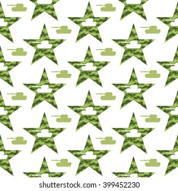 Seamless pattern with a battle tank silhouette inside the star. Modern military vector background. Khaki green camouflage colors.