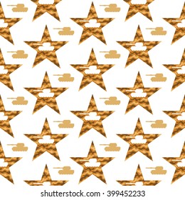 Seamless pattern with a battle tank silhouette inside the star. Modern military vector background. Brown camouflage colors.