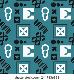 Seamless pattern in Bauhaus style with abstract geometric objects. Blue-black-white palette. Vector illustration