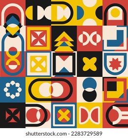 Seamless pattern in Bauhaus style. A background that includes 25 multi-colored square pictures in the style of a conceptual industrial design. Vector illustration