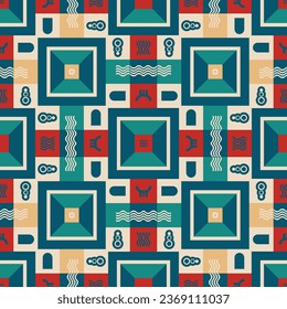 Patrón inmaculado al estilo Bauhaus con cuadros decorativos y formas simples. Paleta de época. Ilustración del vector