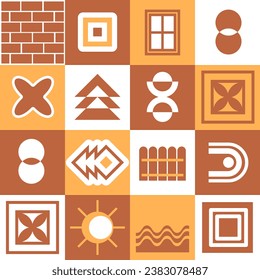 Seamless pattern in Bauhaus style with geometric elements and stylized construction objects. The palette includes brown, yellow and white. Vector illustration