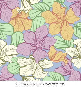 Seamless pattern of Bauhinia flower with combination of soft colors. This seamless pattern of Bauhinia flower suitables for prints, fabrics,or subimation.