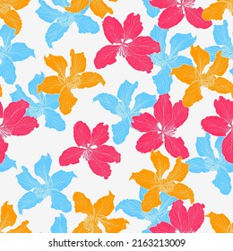 Seamless pattern with Bauhinia purpurea flower. Repeating texture with red,orange, blue drawn flowers on the white background.Vector illustration.