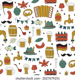 Seamless pattern. Bavarian beer festival for greeting card, invitation, banner, poster, pack, sticker, glass. Oktoberfest design elements. All objects are separated. Vector illustration