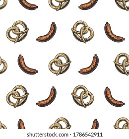 Seamless pattern with bavarian pretzel and barbecue hot tasty sausage for beer octoberfest